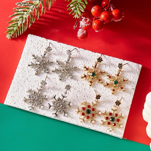 Women's Rhinestone Snowflake Drop Earrings Winter Christmas Elegance Jewelry - Picture 5 of 5